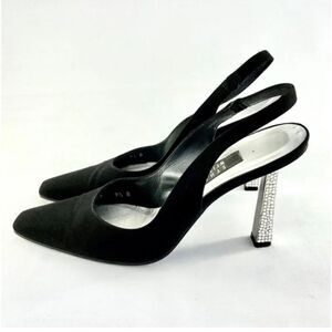 STUART WEITZMAN Black Satin Crystal Heel Slingback Size 8.5